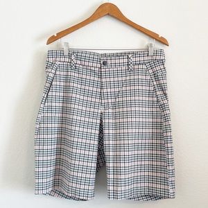 Lululemon Mens Plaid Commission Flat Front Shorts Pink Blue White Size 36 -